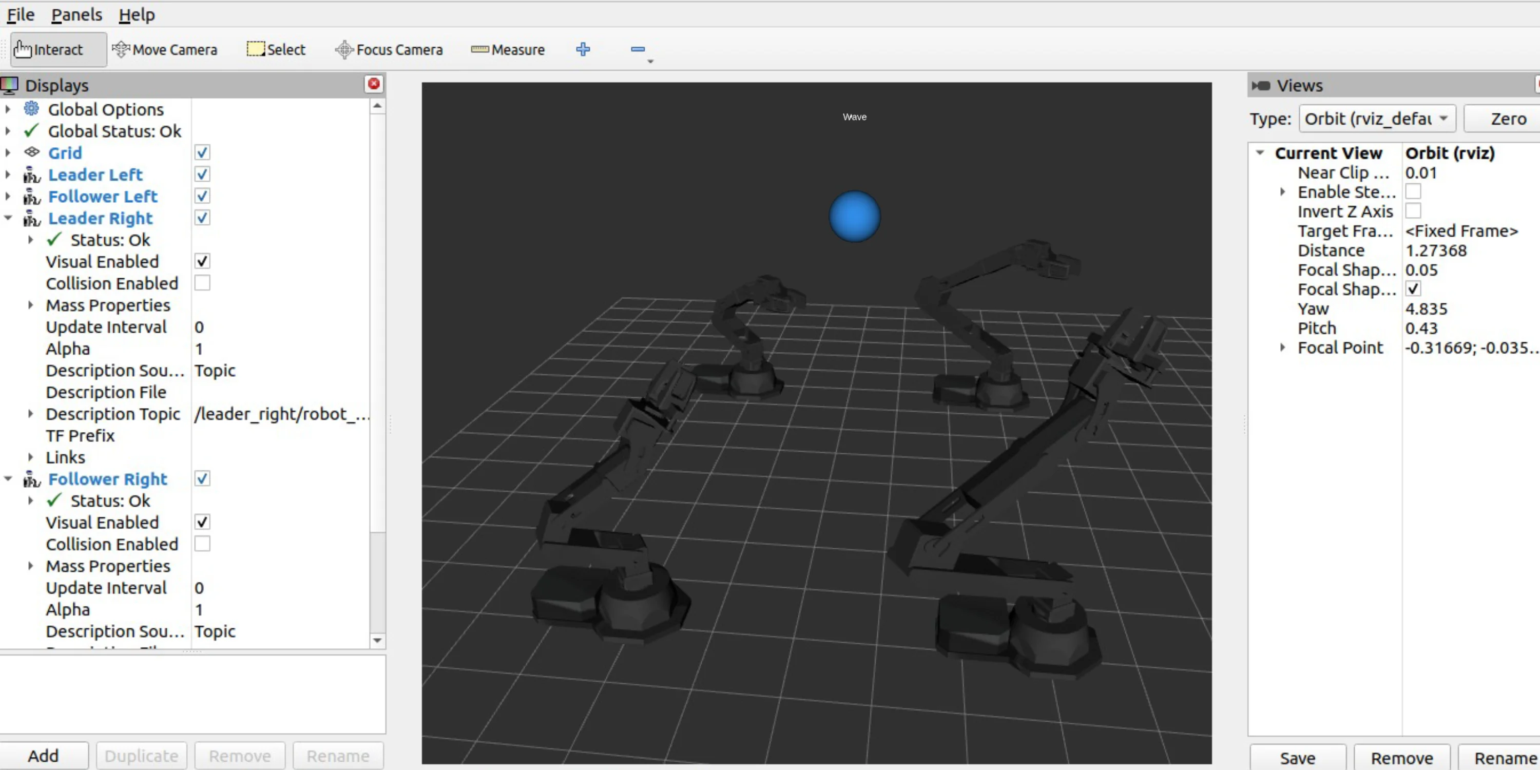 RViz view from the dissertation showing the dual leader and follower robot-arm model.